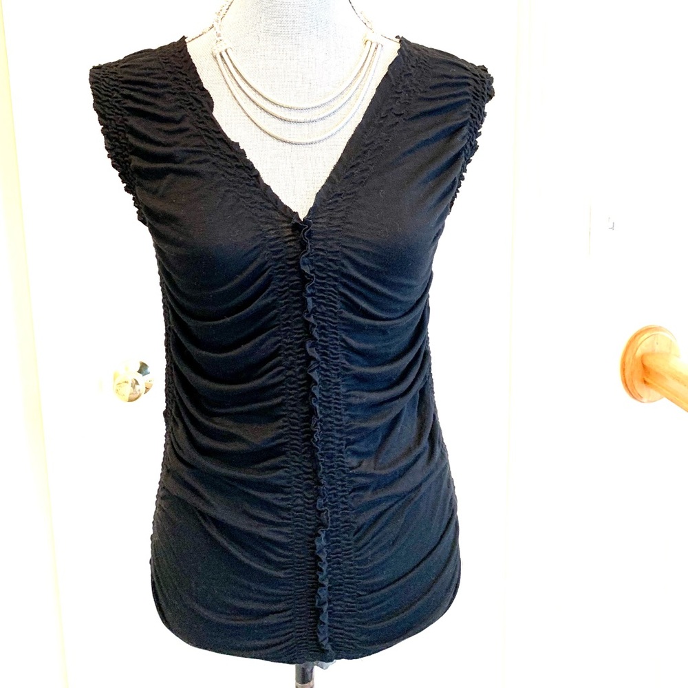 Black sleeveless gathered top by green envelope Los Angeles